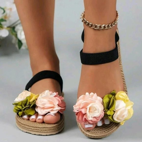 Casual Fashion Flower Flat Slip-Resistant Sandals With Round Toe, Elastic Strap - Picture 6 of 7